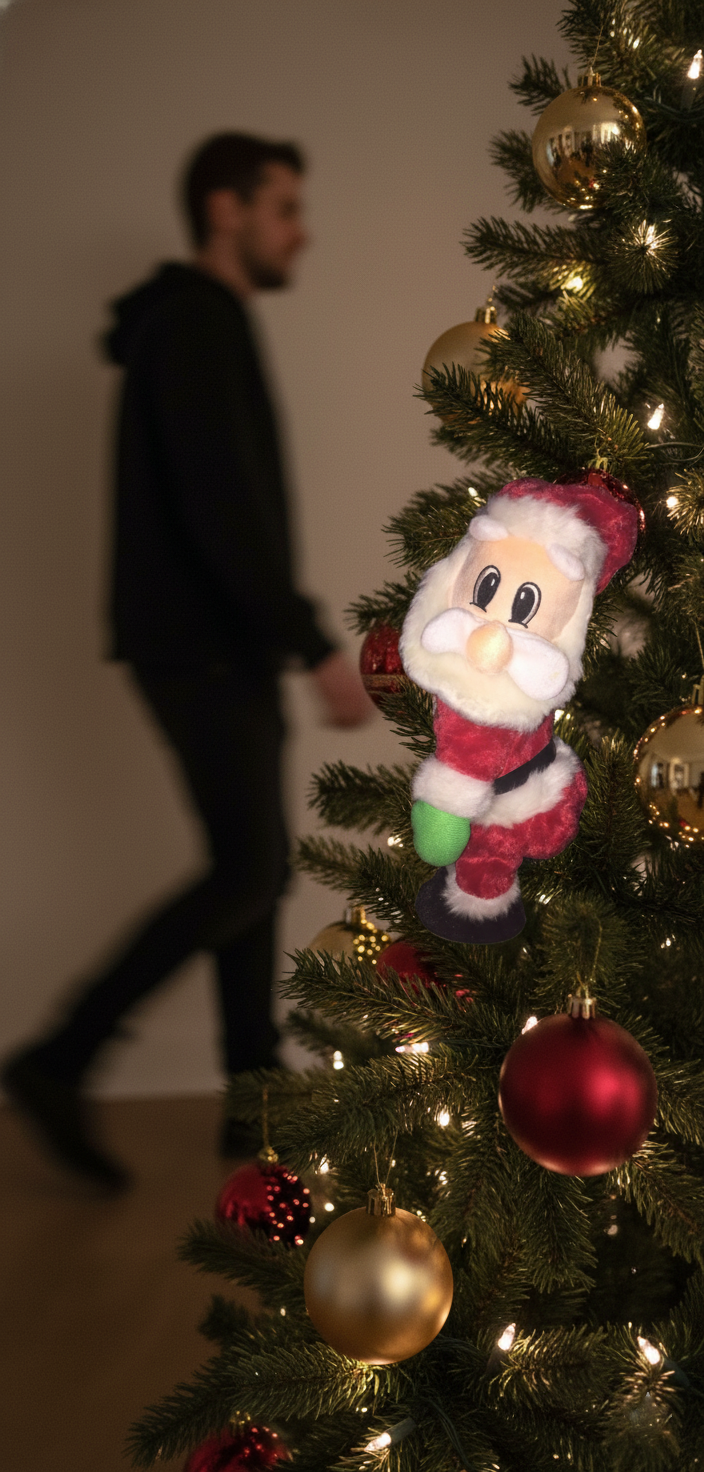 A hidden toy ready for a Twerking Santa Prank behind a Christmas tree.