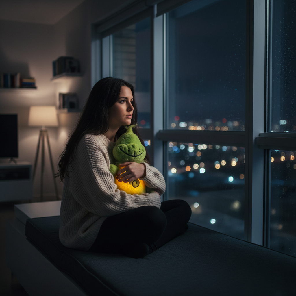 Woman using Lovinghug to cure touch starvation alone at night.