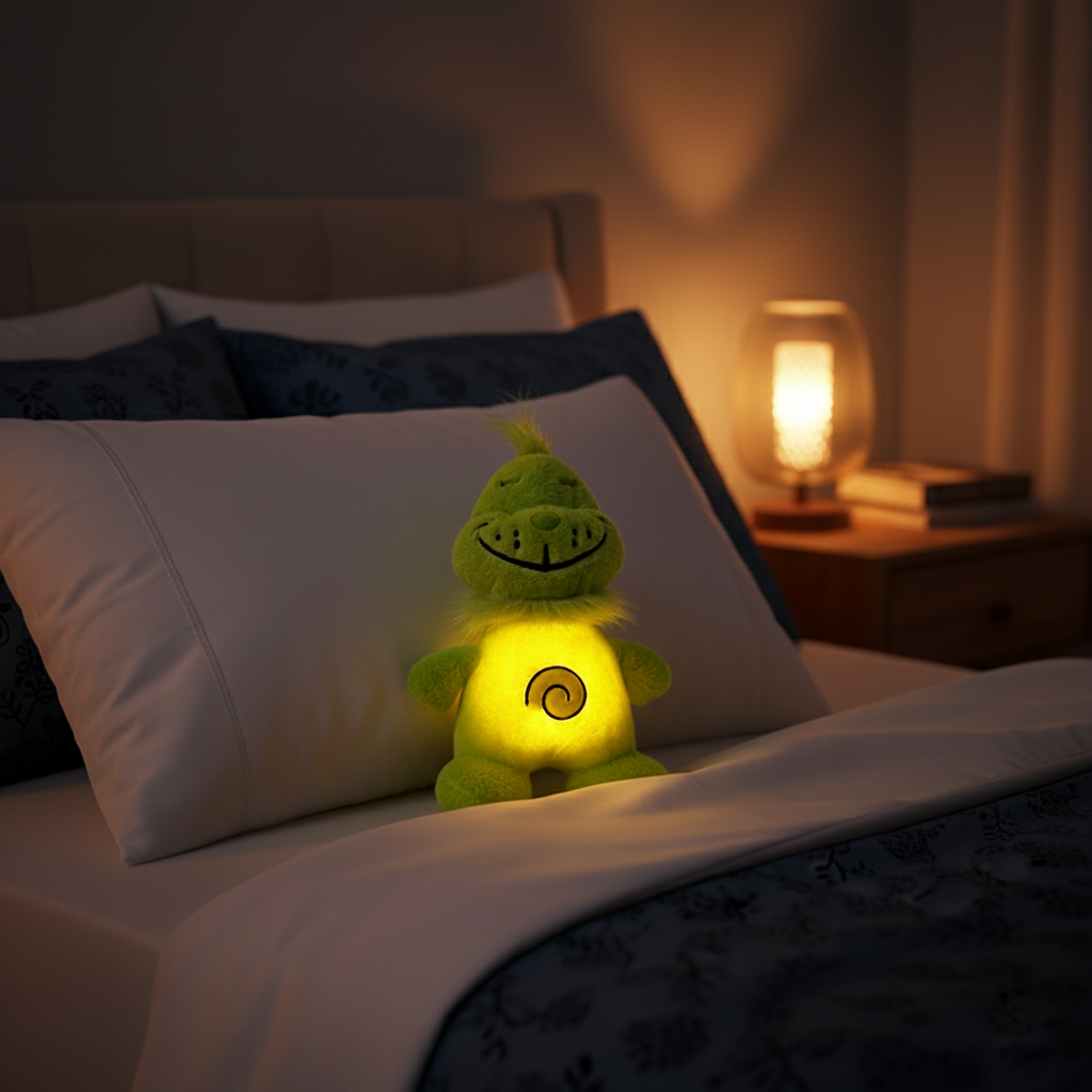 Lovinghug green breathing stuffed animals with glowing belly on a bed.