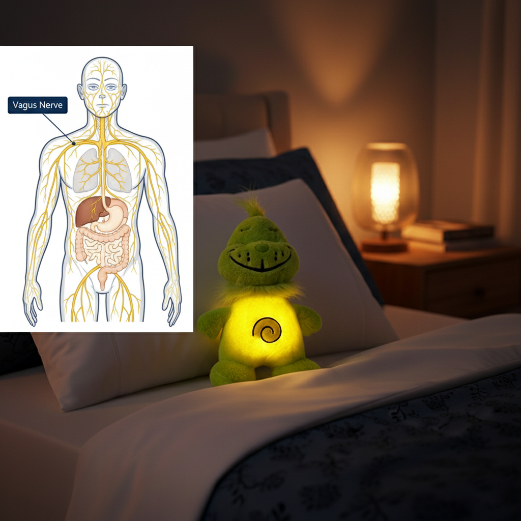 Medical illustration and Lovinghug toy to calm your vagus nerve.