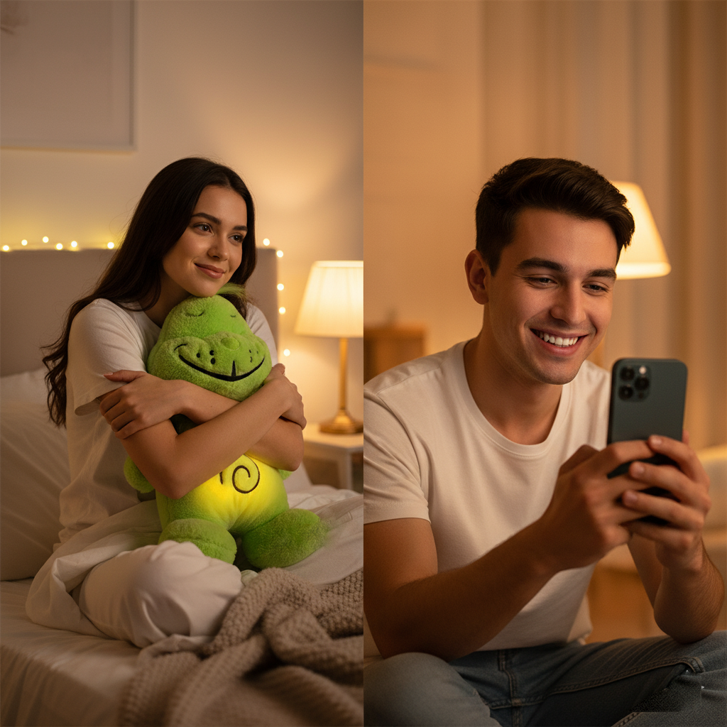 Couple connecting via Lovinghug long distance relationship gifts.