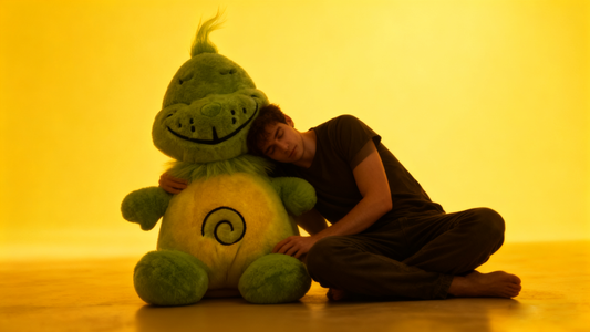 Adult resting against a soft plush toy for warmth and emotional comfort