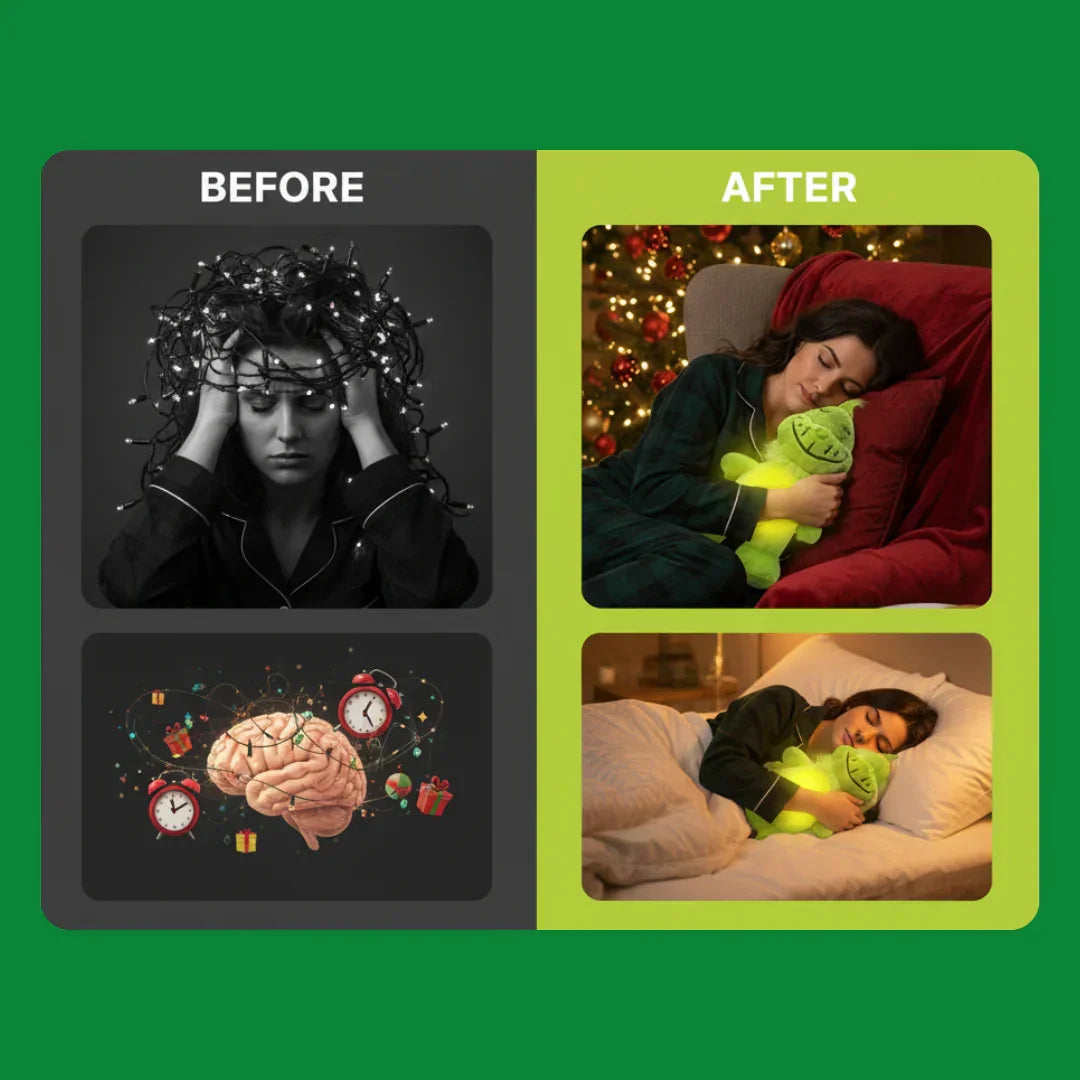 Before and after image showing stressed woman with tangled lights, then calm woman hugging glowing green plush toy under holiday lights and in bed